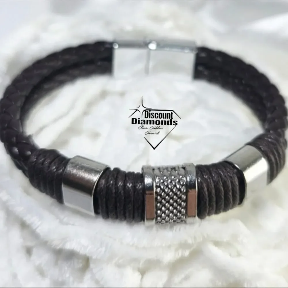 Brown Braded Leather Bracelet Silver Stainless Steel
